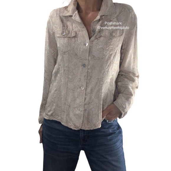 Chico’s Silk Jacket Gold Jacquard Sz 2 Large Lagenlook Classic Minimalist - Picture 4 of 15